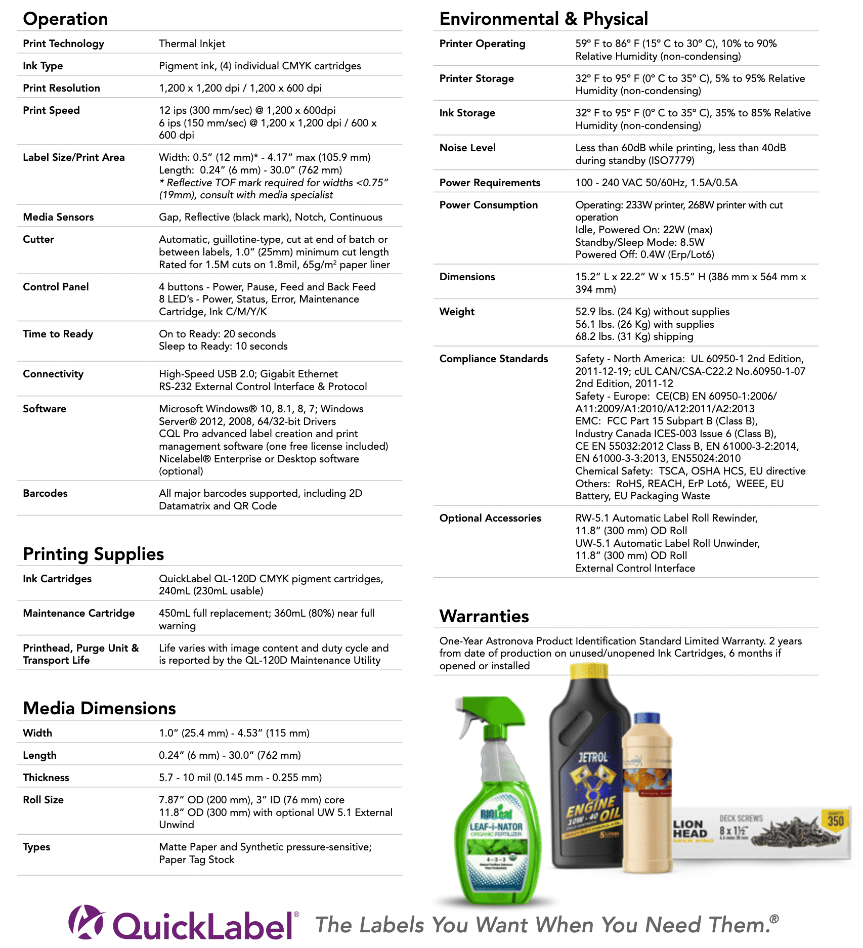 QuickLabel QL-120D Specs