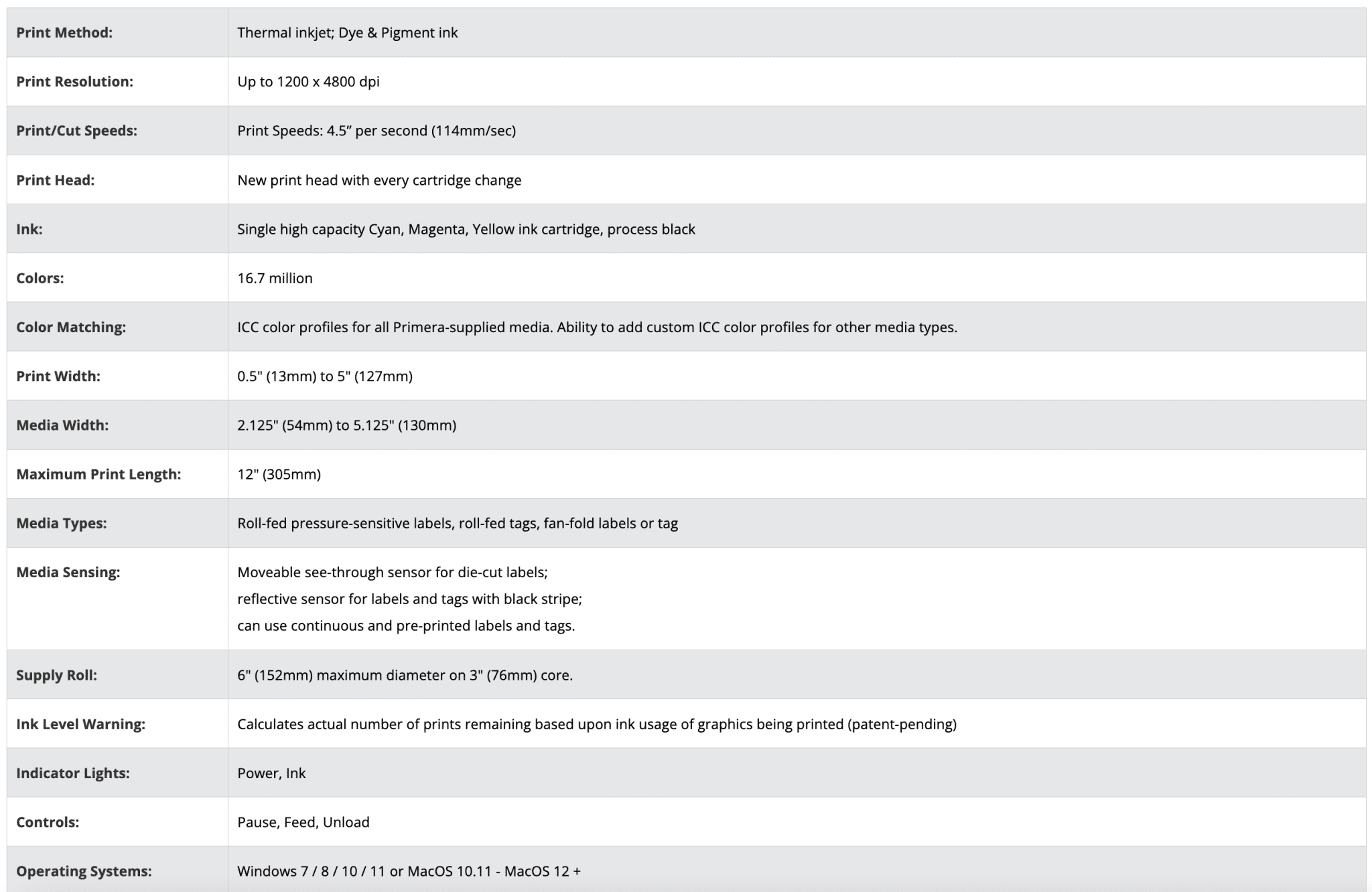 Primera LX600 Specs Sheet