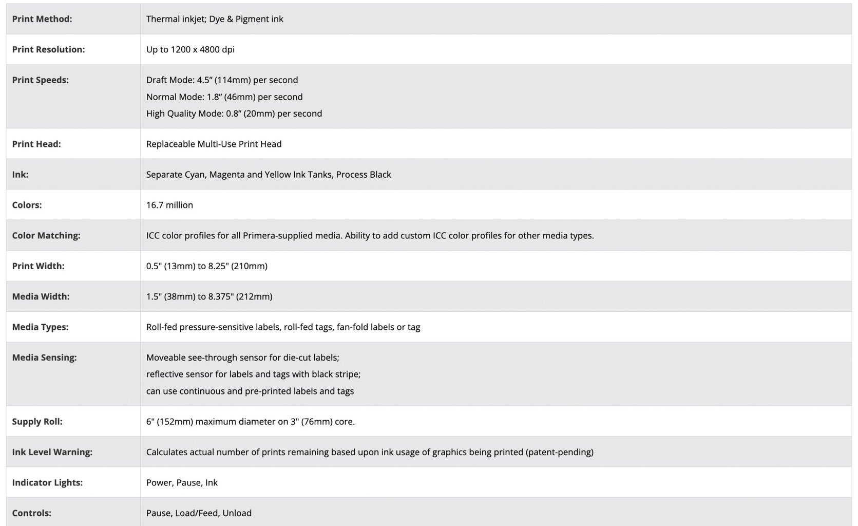 Primera LX3000 Color Label Printer Spec Sheet 1