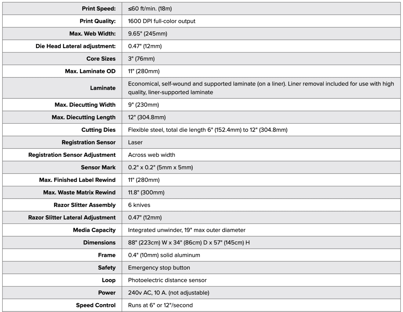 Specifications - Afinia DLP-2100 High-Volume Digital Label Press