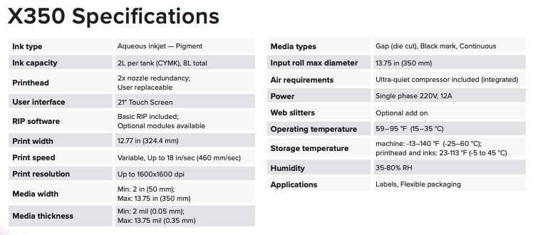 Afinia X350 Specifications Specs