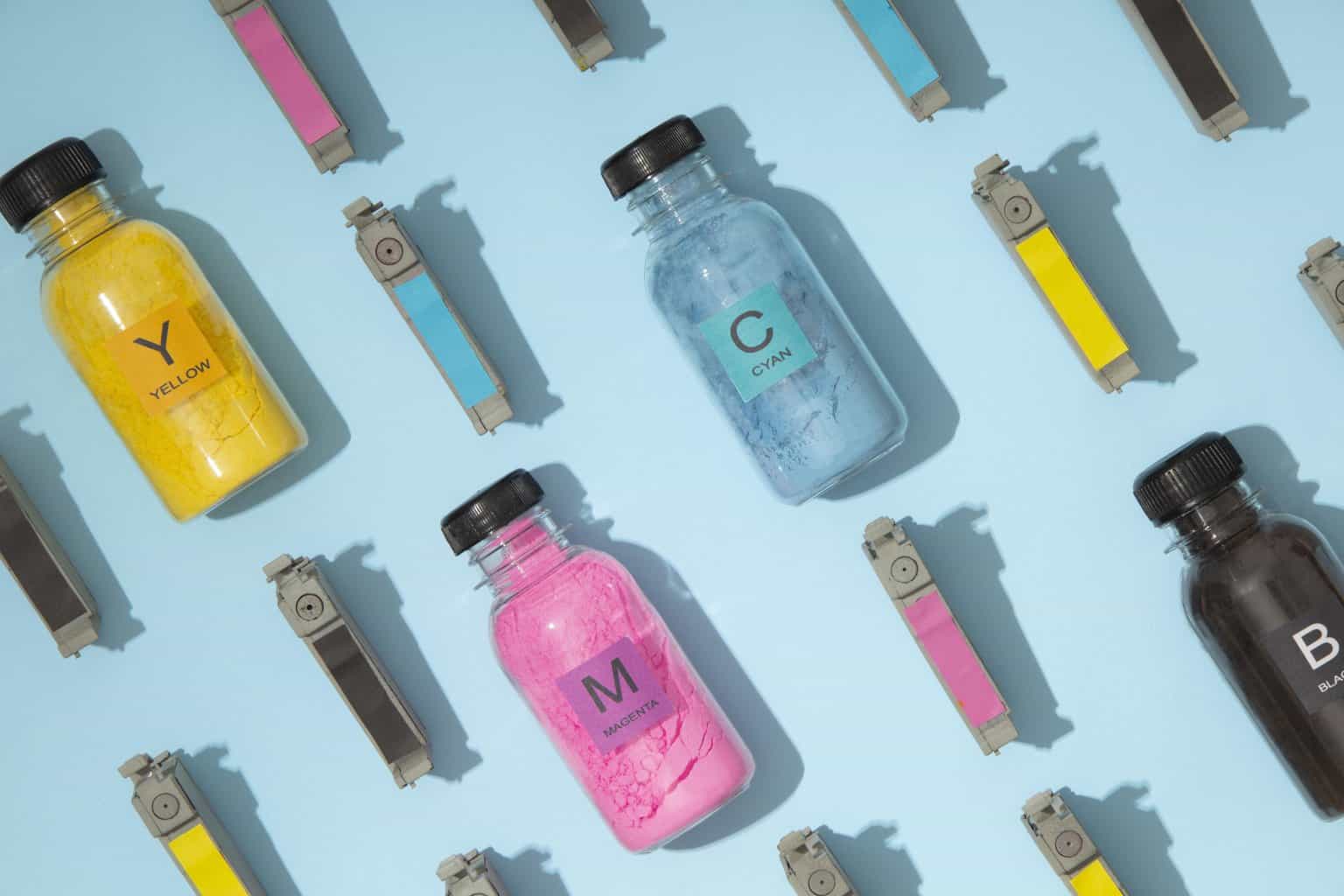 Sticker Printers still life cmyk toners arrangement